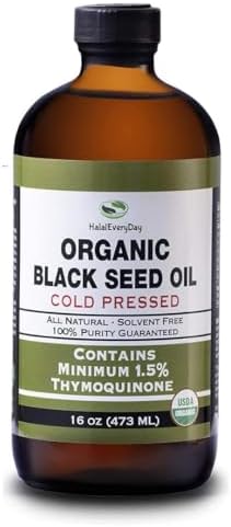 HalalEveryDay Organic Black Seed Oil - USDA Certified, Cold Pressed Glass Bottle 16oz - Over 1.5% Thymoquinone Turkish Black Cumin Nigella Sativa Non-GMO 100% Pure Blackseed Oil HalalEveryDay