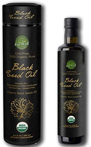 Eat Well USDA Organic Black Seed Oil 8.4 FL oz Bottle, Cold Pressed Black Seed Oil Liquid, 100% Natural Raw Nigella Sativa Black Cumin Oil, 100% Natural Gourmet Food & Spice Ingredients for Cooking EAT WELL PREMIUM FOODS