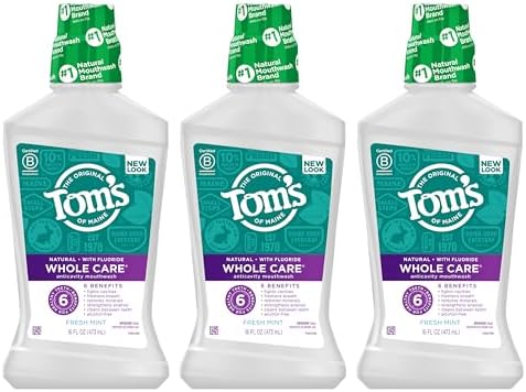 Tom's Of Maine Whole Care Natural Fluoride Mouthwash, Fresh Mint, 16 Oz (Pack of 3) (Packaging May Vary) Tom's of Maine