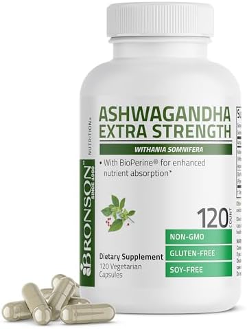 Bronson Ashwagandha Extra Strength Stress & Mood Support with BioPerine - Non GMO Formula, 120 Vegetarian Capsules Bronson