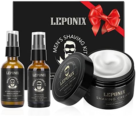 Shaving Kit for Men, Essential Kit Includes Sandalwood Shaving Cream, After Shave Lotion for Men and Pre Shave Oil Fights Nicks, Cuts and Razor Burn Shaving Gift Set for Him Men Dad Stocking Stuffers LEPONIX