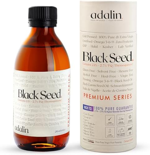 ADALIN Black Seed Oil Liquid 8.4 fl oz | Nigella Sativa Seed Oil | High Thymoquinone | Cold Pressed | Glass Bottle | Blackseed | Vegan | Gluten Free Adalin