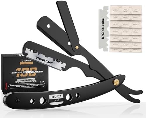 Utopia Care Professional Barber Straight Edge Razor Safety with 100-Pack Blades - 100 Percent Stainless Steel (Black) Utopia Care