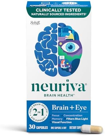 NEURIVA Brain + Eye Supplement for Memory, Focus & Concentration with Lutein & Vitamins A C E and Zinc for Eye Health & Zeaxanthin to Filter Blue Light, 30ct Capsules (Капсулы) Neuriva