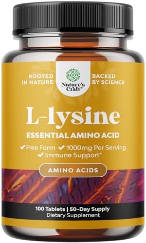 L Lysine 1000mg Free Form - High Strength L-Lysine Supplement for Eye Health Lip Care Collagen Synthesis and Immune Support - Essential Amino Acid Vegan Non-GMO 1000mg per Serving (Порция) - 100 Tablets (Таблетки) Natures Craft