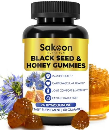 Sakoon nutrition BLACK SEED OIL & HONEY GUMMIES W/ 2%+ THYMOQUINONE | Nigella Sativa Seeds| Super antioxidant for Immune Support, Joints, Digestion, Hair & Skin | 60 Gummies Sakoon nutrition