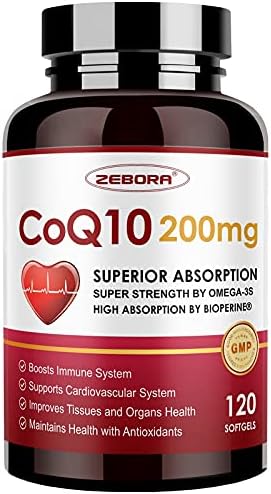 CoQ10-200mg-Softgels (Мягкие капсулы) with PQQ, BioPerine & Omega-3, 120 Servings (Порции) Coenzyme Q10(Ubiquinone) Supplement for High-Absorption, Powerful-Antioxidant, Support Heart & Energy-Production ZEBORA