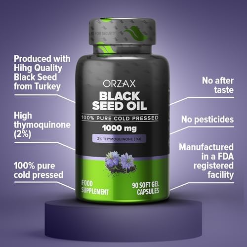 ORZAX Black Seed Oil 1000 mg Organic Cold Pressed Capsules for Hair, Skin, and Joints - Rich in Omega 3 6 9 - Non-GMO, Gluten Free - (90 Soft Gel Capsules) ORZAX