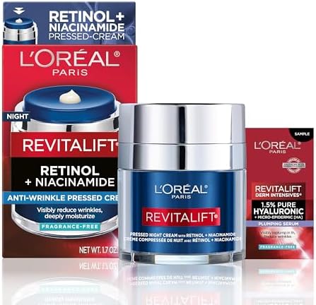 L'Oreal Paris Revitalift Pressed Night Cream, Retinol + Niacinamide, Reduces Wrinkles, Fragrance Free, 1.7 oz + Serum Sample L'Oréal Paris