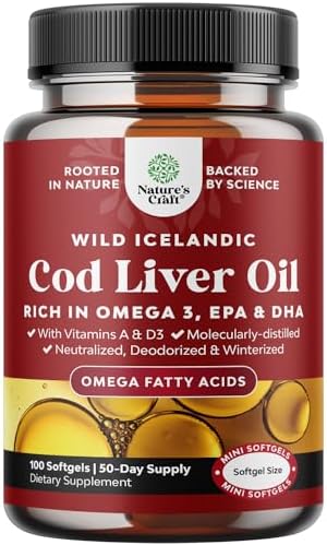 Icelandic Cod Liver Oil Softgels (Мягкие капсулы) - Wild Caught EPA DHA Omega 3 Fish Oil 1000mg per serving - Sustainably Sourced Burpless Fish Oil Supplement with Vitamin D3 & A for Heart Joint Brain & Immune Support Natures Craft