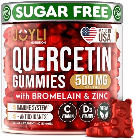 JOYLI Quercetin Gummies (Жевательные конфеты) - Quercetin with Bromelain Zinc Vitamin C & Vitamin D3 - Quercetin Supplement 500MG for Immune System & Allergy - Quercetin for Kids and Adults - 60 Quercetin Chewable JOYLI Nutrition