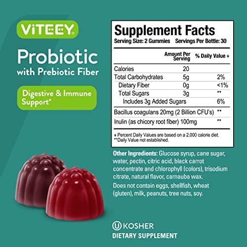 Probiotic Gummies (Жевательные конфеты) wtih Prebiotics Fiber, Extra Strength 2 Billion CFUs - Prebiotics and Probiotics for Immune & Digestive Support - Vegan, Gelatin Free, GMO Free - Tasty Chewable Berry Flavored Gummy Viteey