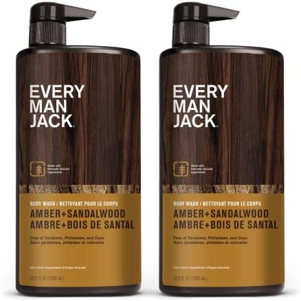 Every Man Jack Amber + Sandalwood Mens Body Wash for All Skin Types - Cleanse, Hydrate, and Smell Great - Free of Parabens, Phtalates, and Dyes - 33.8 fl oz (2 Pack) Every Man Jack