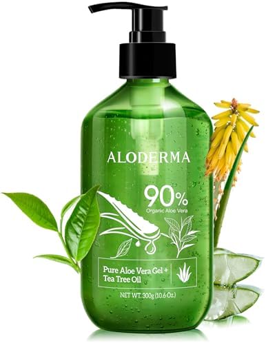 Aloderma Organic Aloe Vera Gel for Skin + Tea Tree Oil, Made within 12 Hours of Harvest, Soothing Pure Aloe Vera Gel for Face, Works Great for Oily Skin, Scalp, Aftershave, Natural Aloe - 10.6 Oz Aloderma