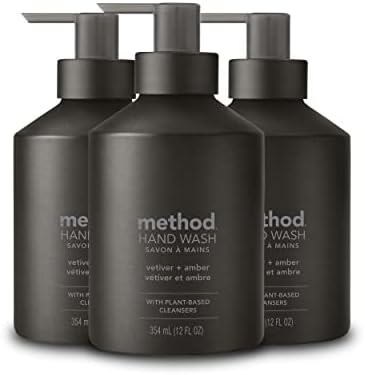 Method Gel Hand Soap, Vetiver + Amber, Reusable Black Aluminum Bottle, Biodegradable Formula, 12 oz (Pack of 3) Method