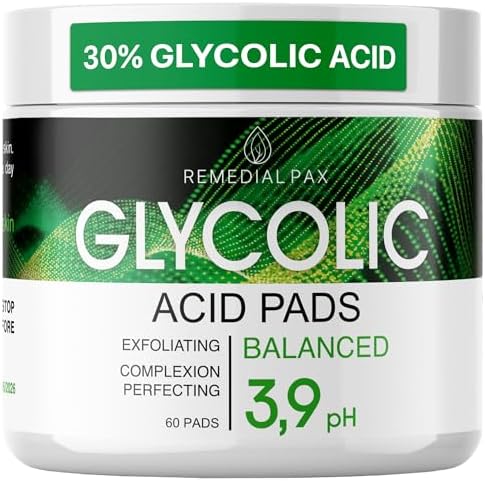 REMEDIAL PAX Glycolic Acid Resurfacing Pads 30% for Face and Body - Exfoliating Facial Peel-Vitamins B5 C E, Green Tea - Glycolic Acid Face Wash – 60 Pre-Moistened Cotton Pads for Cleansing, Peeling Remedial Pax