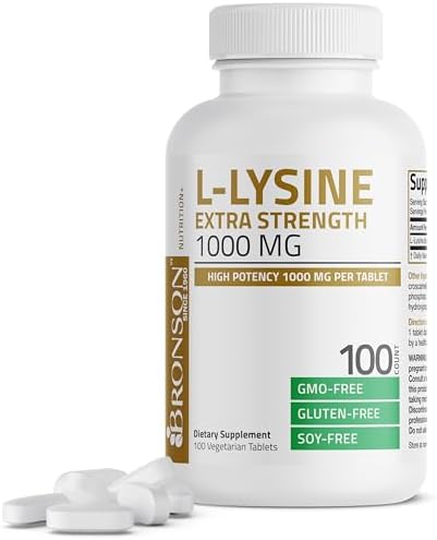 Bronson L-Lysine Extra Strength 1000 MG per Tablet High Potency, Immune Support & Supports Collagen Synthesis, Non-GMO, 100 Vegetarian Tablets Bronson