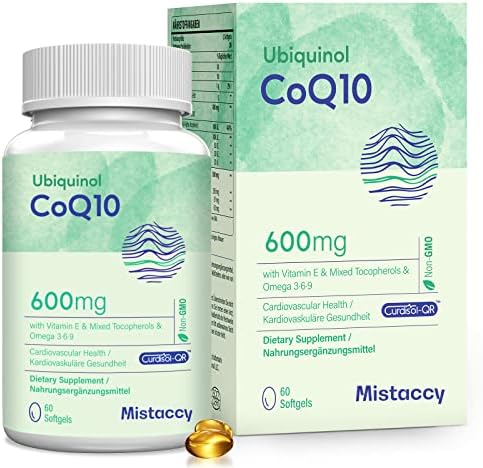 CoQ10 600mg Softgels (Мягкие капсулы) | High Absorption CoQ10 Ubiquinol Supplement | Reduced Form Enhanced with Vitamin E & Omega 3 6 9 | Antioxidant Powerhouse Good for Health | 60 Softgels Mistaccy