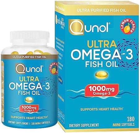 Qunol Fish Oil Omega 3 Mini Softgels (Мини мягкие гелевые капсулы), 1000mg Omega 3 EPA + DHA, Ultra Pure Supplements, Heart Health Support, Lemon Flavor, Easy to Swallow Minis, 3 Month Supply, 180 Count Qunol