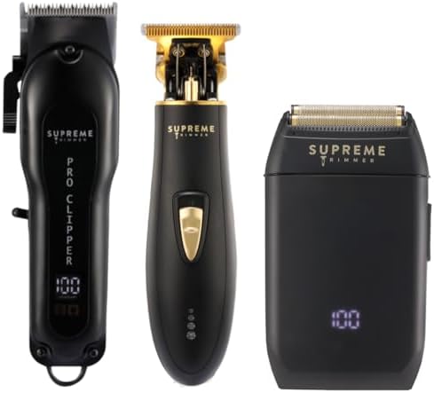 Supreme Trimmer 3-in-1 Barber Bundle | Pro Clipper, T-Shaper Trimmer & Crunch Foil Shaver | Professional Beard Trimmer Men’s Hair Clipper Kit | Black Supreme Trimmer