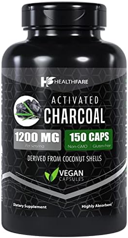 Activated Charcoal Capsules (Капсулы) 1200mg | 150 Capsules | Derived from Coconut Shells | Highly Absorbent | Non-GMO | Made in The USA Healthfare