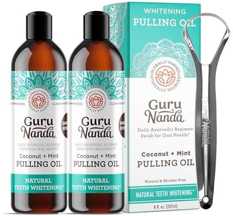 GuruNanda Whitening Pulling Oil with Coconut Oil & Peppermint Essential Oil for Natural Teeth Whitening, Fresh Breath, Alcohol Free Mouthwash (8 FlOz) GuruNanda