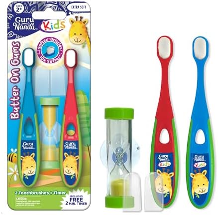 GuruNanda Butter on Gums Toddler Toothbrush with Sand Timer, Extra Soft Bristles for Kids Age 2+, Toothbrush with Tongue Cleaner & Brush Cap (2 Pack) GuruNanda