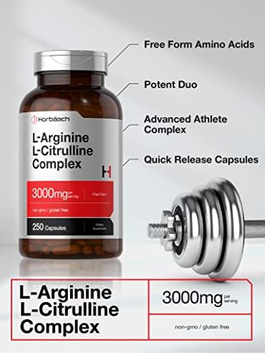 Horbäach L-Arginine L-Citrulline Complex | 3000mg | 250 Capsules | Non-GMO, Gluten Free Supplement Horbäach