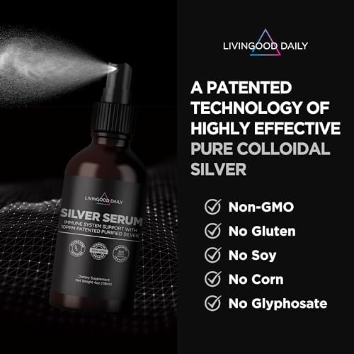 Livingood Daily Colloidal Silver Liquid Spray, Silver Serum (4 Fl Oz) - 10 PPM Colloidal Silver Spray for Eyes, Mouth, Ears, Nose & Skin - Immune Support Supplement for Urinary Health - Non-GMO, Vegan Livingood Daily