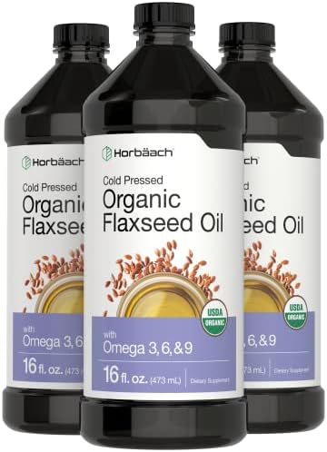 Horbäach Organic Flaxseed Oil | 3 Pack | 16 fl oz Each | Cold Pressed | with Omega 3, 6, 9 | Vegetarian, Non-GMO, Gluten Free Liquid Horbäach