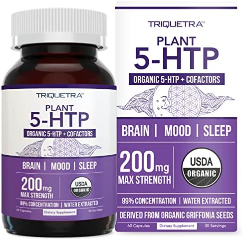 Organic 5-HTP - 200 mg | 99% 5HTP Concentration, Plus Cofactor Vitamin B6 & Lion’s Mane | Water Extracted from Organic Griffonia Seeds | Supports Mood, Cognition & Sleep (60 Capsules | 30 Servings) Triquetra Health