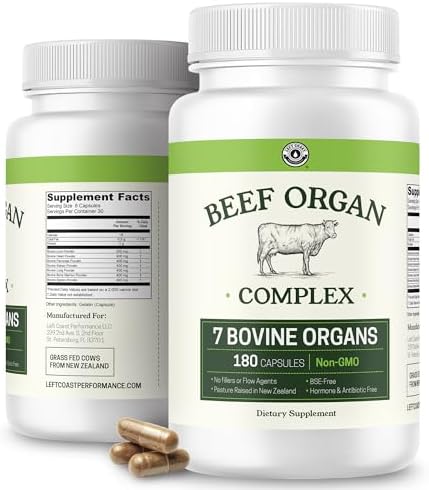 Beef Organ Supplement Grass Fed - 7 Beef Organs Complex from New Zealand - Liver, Heart, Pancreas, Kidney, Lung, Spleen, Bone Marrow - Non-GMO, No Fillers, Hormone & Antibiotic Free - Carnivore Diet Left Coast Performance