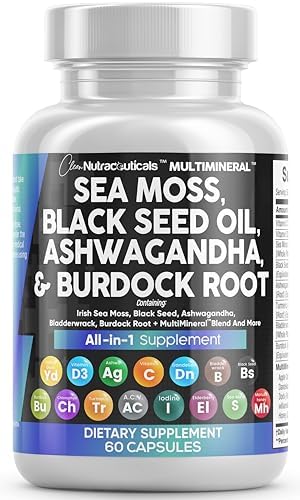 Sea Moss 3000mg Black Seed Oil 2000mg Ashwagandha 1000mg Turmeric 1000mg Bladderwrack 1000mg Burdock 1000mg & Vitamin C & D3 with Elderberry Manuka Dandelion Yellow Dock Iodine Chlorophyll ACV Clean Nutraceuticals