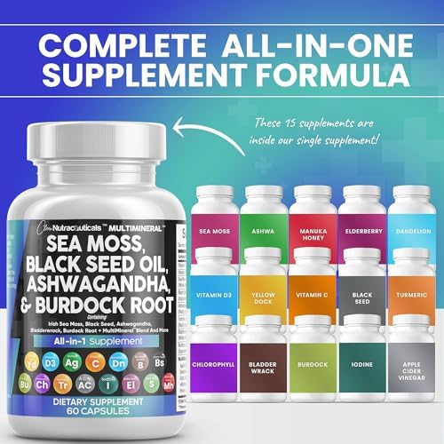 Sea Moss 3000mg Black Seed Oil 2000mg Ashwagandha 1000mg Turmeric 1000mg Bladderwrack 1000mg Burdock & Vitamin C Vitamin D3 with Elderberry Manuka Dandelion Yellow Dock Iodine Chlorophyll ACV - 2Pack Clean Nutraceuticals