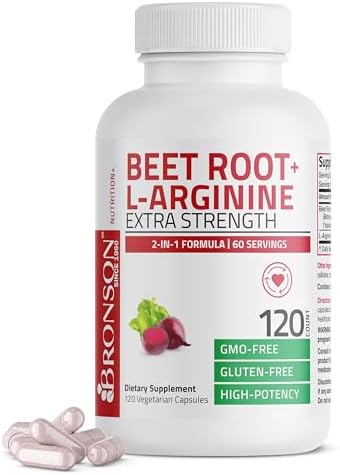 Bronson Beet Root + L-Arginine 2000 MG Nitric Oxide Production- Non-GMO, 120 Vegetarian Capsules (Вегетарианские капсулы) Bronson