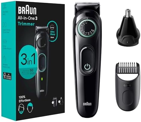 Braun All-In-One Style Kit Series 3 3430, 3-in-1 Trimmer for Men with Beard Trimmer, Ear & Nose Trimmer, Hair Clippers, Ultra-Sharp Blade, 20 Length Settings, Washable Braun