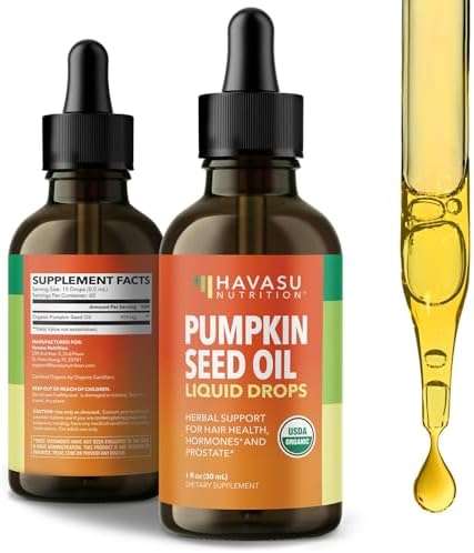 Organic Pumpkin Seed Oil for Prostate Health, Hormone Balance, Hair Health - Pumpkin Oil Supports Hair and Eyelash Health - 100% Cold Pressed Pumpkin Seed Extract - Non-GMO, Vegan, Unflavored (Без вкуса), 30mL Havasu Nutrition