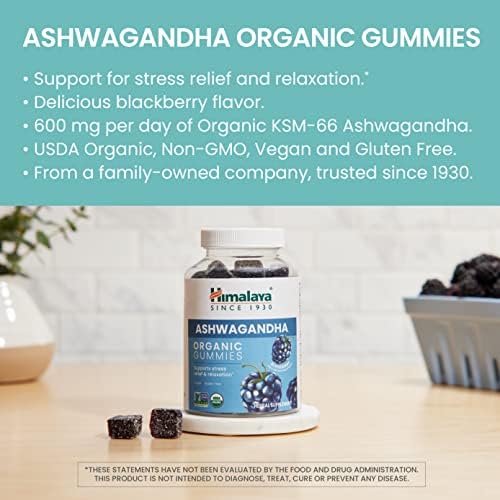 Himalaya Ashwagandha Organic Gummies, KSM-66 Organic Ashwagandha to Help with Stress Relief, Energy and Relaxation, 60 Gummies with Delicious BlackBerry Flavor Himalaya