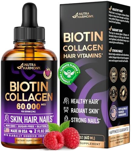 Liquid (Жидкость) Biotin & Collagen - Vitamins for Hair Growth Support for Women & Men - Extra Strength 60000 mcg Drops (Капли) - B7 Supplement - Strong Nails & Healthy Skin - 98% Faster Absorption Than Pills NUTRAHARMONY