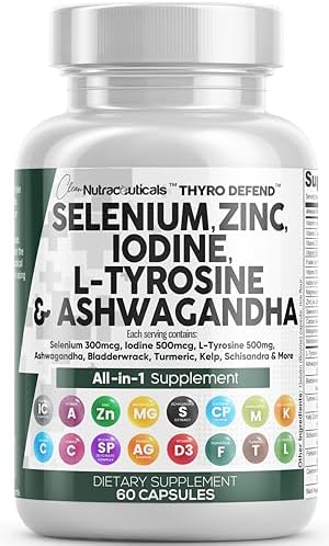 Selenium 300mcg Zinc 50mg Iodine 500mcg L Tyrosine 500mg Ashwagandha 6000mg - Thyroid Support Supplement for Women and Men with Bladderwrack, Turmeric, Kelp, Schisandra - 60 Capsules (Капсулы) Clean Nutraceuticals