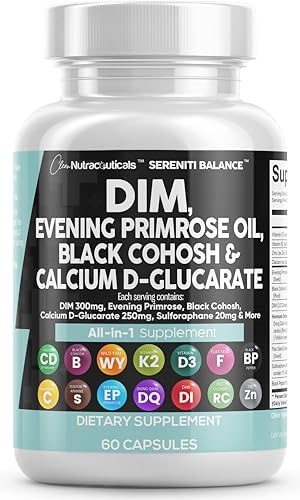 Clean Nutraceuticals DIM 300mg Evening Primrose 3000mg Black Cohosh 3000mg Calcium D-Glucarate 250mg Sulforaphane Flax Seed Extract - Hormonal Support Vitamins for Women with Dong Quai - 60 Caps Clean Nutraceuticals