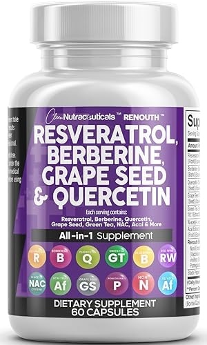 Resveratrol 6000mg Berberine 3000mg Grape Seed Extract 3000mg Quercetin 4000mg Green Tea Extract - Polyphenol Supplement for Women and Men with N-Acetyl Cysteine, Acai Extract - 60 Capsules (Капсулы) Clean Nutraceuticals