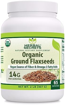 Herbal Secrets USDA Organic Ground Flaxseeds 2 Lbs Powder (Порошок) | 14 Grams Per Serving (Порция) | 65 Servings (Порции) | Excellent Vegan Source of Fiber & Omega -3 Fatty Acids | Non-GMO (2 Lb | 1 Pack) Herbal Secrets