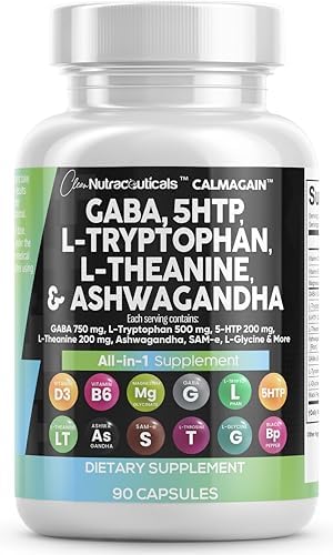 Clean Nutraceuticals GABA 750mg 5 HTP 200mg L Tryptophan 500mg L Theanine 200mg Ashwagandha 3000mg SAM-e L-Glycine - Mood Support Vitamins for Women and Men with L-Tyrosine - Count Clean Nutraceuticals