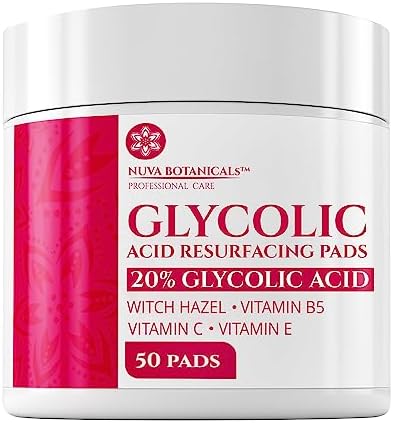 10% Glycolic Acid Pads (50 Pads) - Exfoliating Pads for Face Chemical Peel for Face at Home - Glycolic Acid Peel Exfoliating Face Pads - Acne Pads Facial Peel Face Exfoliating Pads with Vitamin C Nuva Botanicals