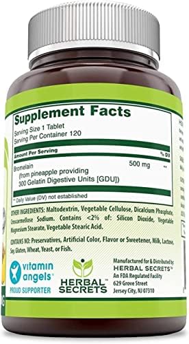 Herbal Secrets Bromelain Supplement 500 Mg Tablets (Таблетки) Supplement | Non-GMO | Gluten Free | Made in USA (60 Count) Herbal Secrets