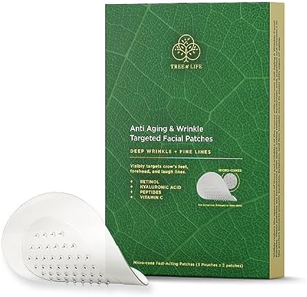 Deep Wrinkle Targeted Patches with Advanced Retinol, Hyaluronic Acid, Vitamin C, and Peptides for Forehead and Between Eyes, 6 Patches Tree of Life Beauty