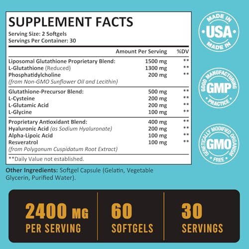 2400 MG Liposomal Glutathione Softgels (Мягкие капсулы), Max Absorption, Active Form L-Glutathione Reduced (GSH), with Hyaluronic Acid, Resveratrol, Master Antioxidants for Detox, Brain, Immune System, 60 Softgels Zeylamum