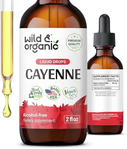 Wild & Organic Cayenne Pepper Tincture - Cayenne Pepper Extract Drops (Капли) for Digestion - Vegan, Alcohol Free - Capsaicin Supplements (One Month Supply) - 2 fl oz (Жидкие унции) Wild & Organic