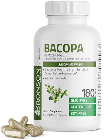 Bronson Bacopa (1200mg Equivalent from 8:1 Extract) Supports Healthy Brain Function and Mental Performance, Traditional Herb, Non-GMO, 90 Vegetarian Capsules Bronson